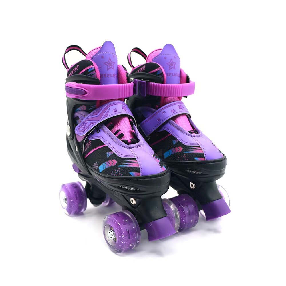퍼플 컬러 남아/여아 어린이 스케이트 롤러 스케이트 신발, 미끄럼 방지, 조절 가능한 쿼드 더블 로우 스케이트 스니커즈, 4 휠